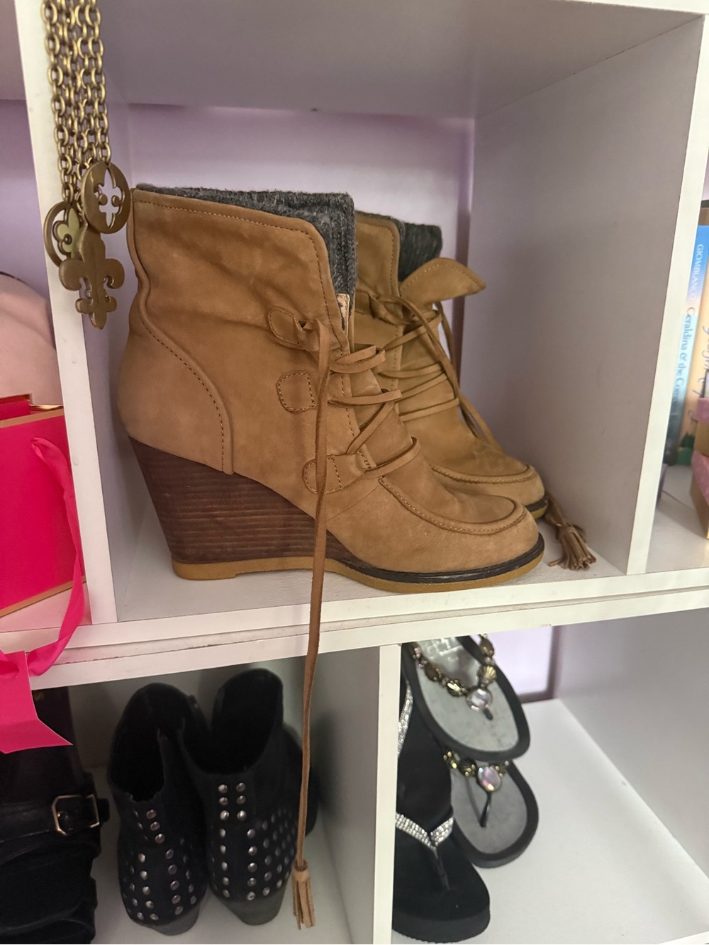 Lands' End Tan Suede Authentic Leather Wedge Lace-Up Ankle Boots